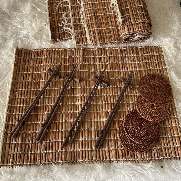 Balinese Placemats Set Wooden Chopsticks Reed Sushi Mats Coasters Table Setting - Picture 1 of 1